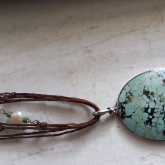 16" TURQUOISE, PEARL, STERLING & DALMATION STONE PENDANT HANDMADE NECKLACE - Picture 4 of 8